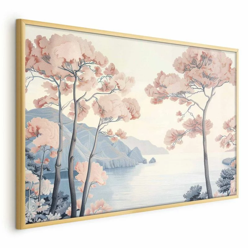 Plakat - Ocean klify i drzewa; delikatny motyw w pastelowych kolorach - obrazek 1