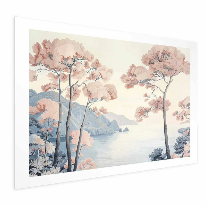 Plakat - Ocean klify i drzewa; delikatny motyw w pastelowych kolorach - obrazek 1