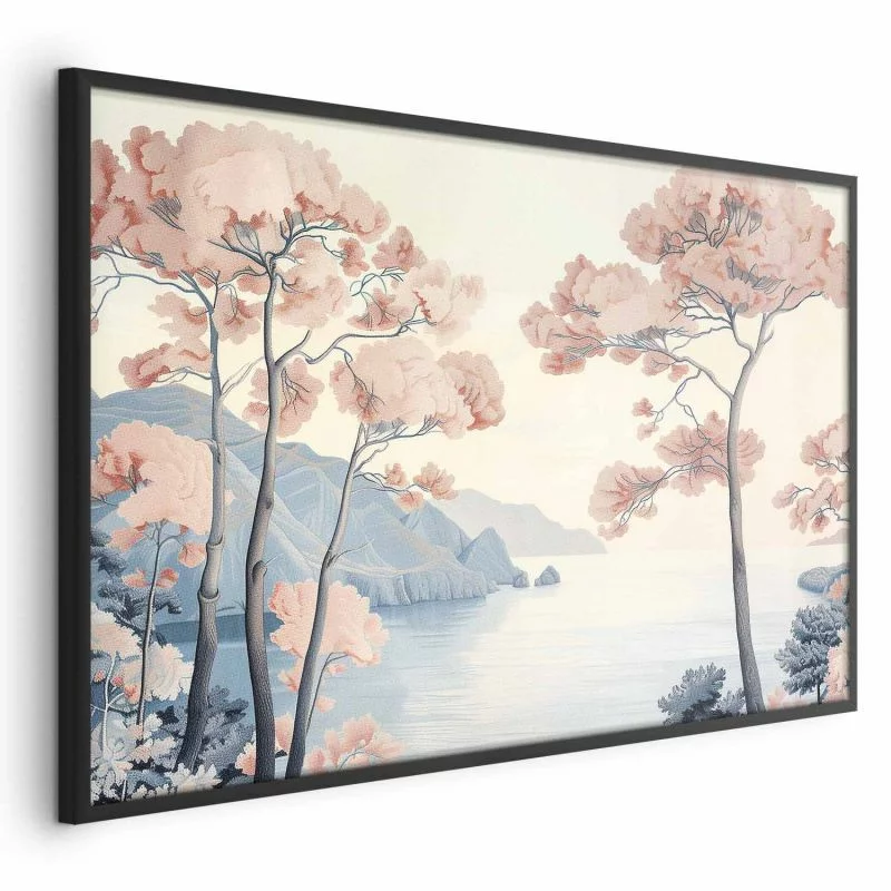 Plakat - Ocean klify i drzewa; delikatny motyw w pastelowych kolorach - obrazek 1