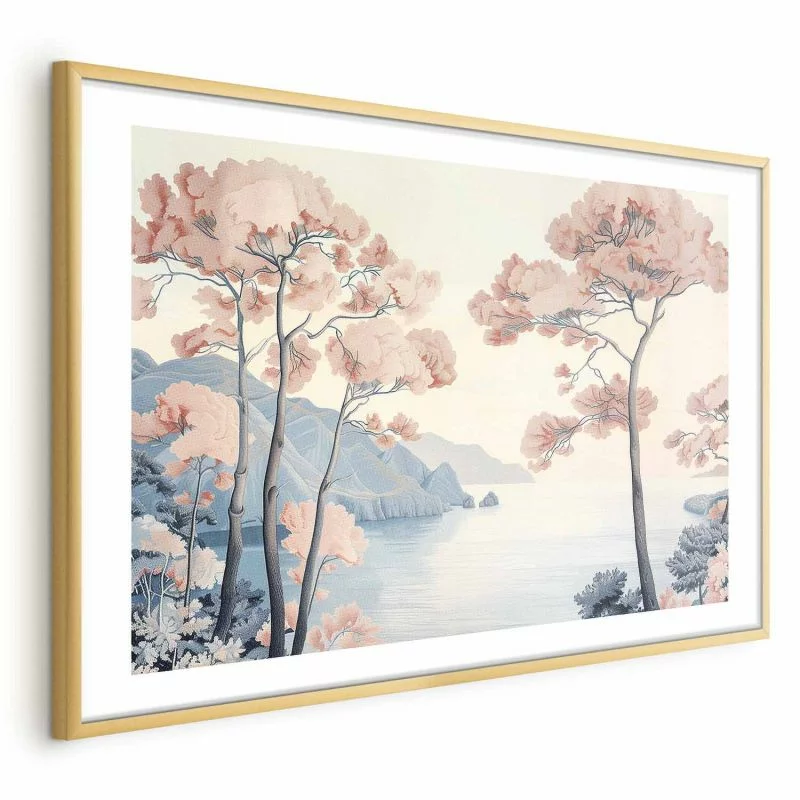 Plakat - Ocean klify i drzewa; delikatny motyw w pastelowych kolorach - obrazek 1