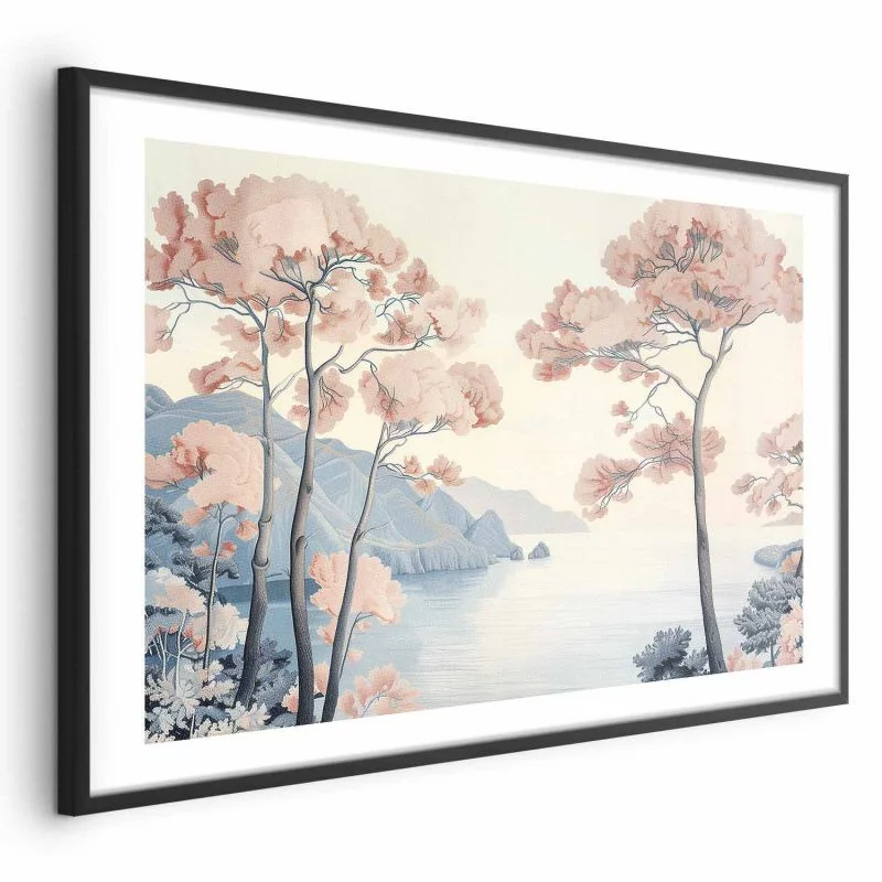 Plakat - Ocean klify i drzewa; delikatny motyw w pastelowych kolorach - obrazek 1
