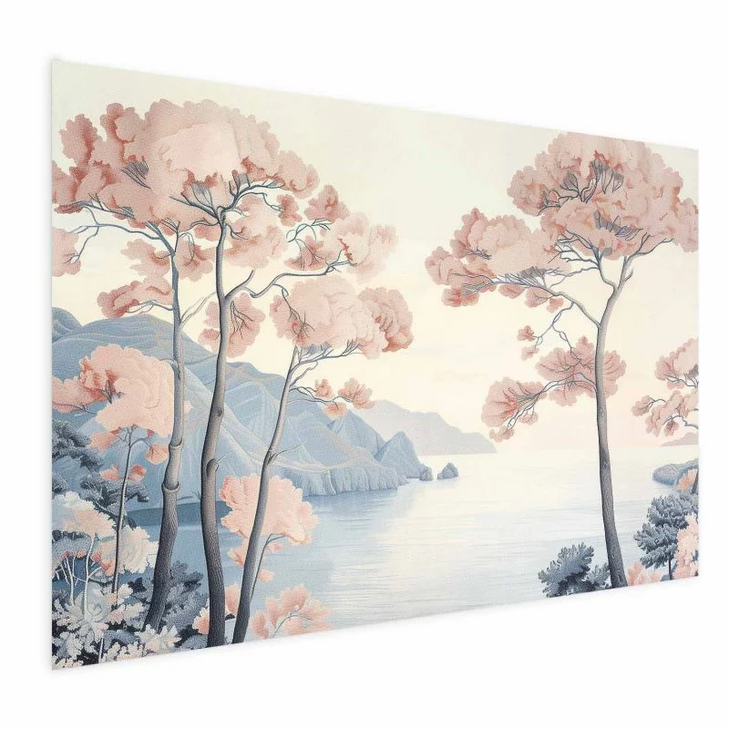 Plakat - Ocean klify i drzewa; delikatny motyw w pastelowych kolorach - obrazek 1