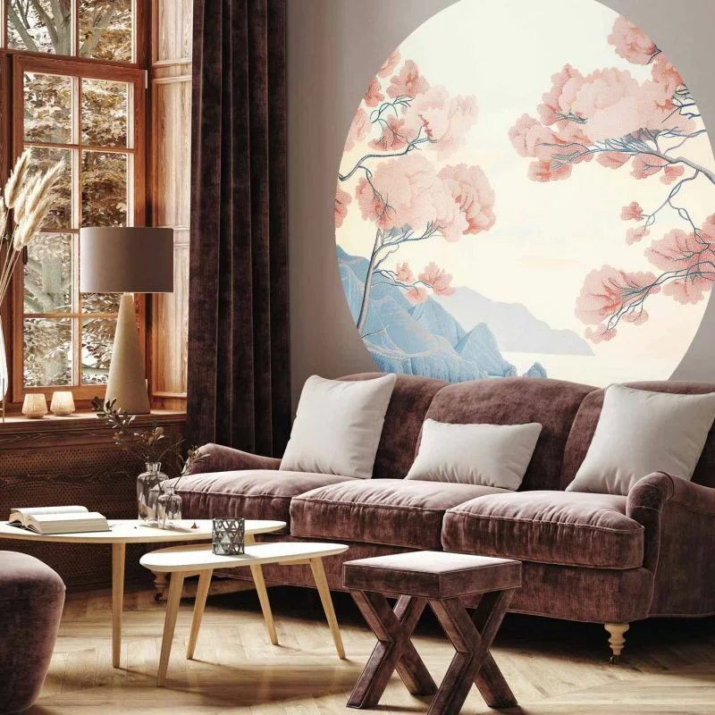 Fototapeta okrągła - Ocean, klify i drzewa, delikatny motyw w pastelowych kolorach - obrazek 1