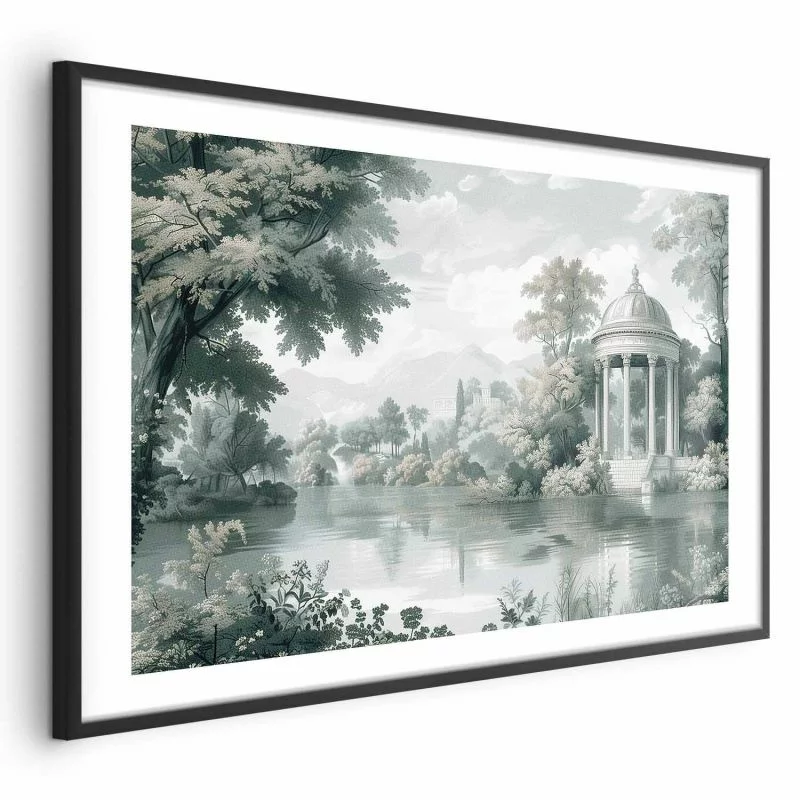 Plakat - Pejzaż z parkiem i jeziorem w retro zieleniach - obrazek 1