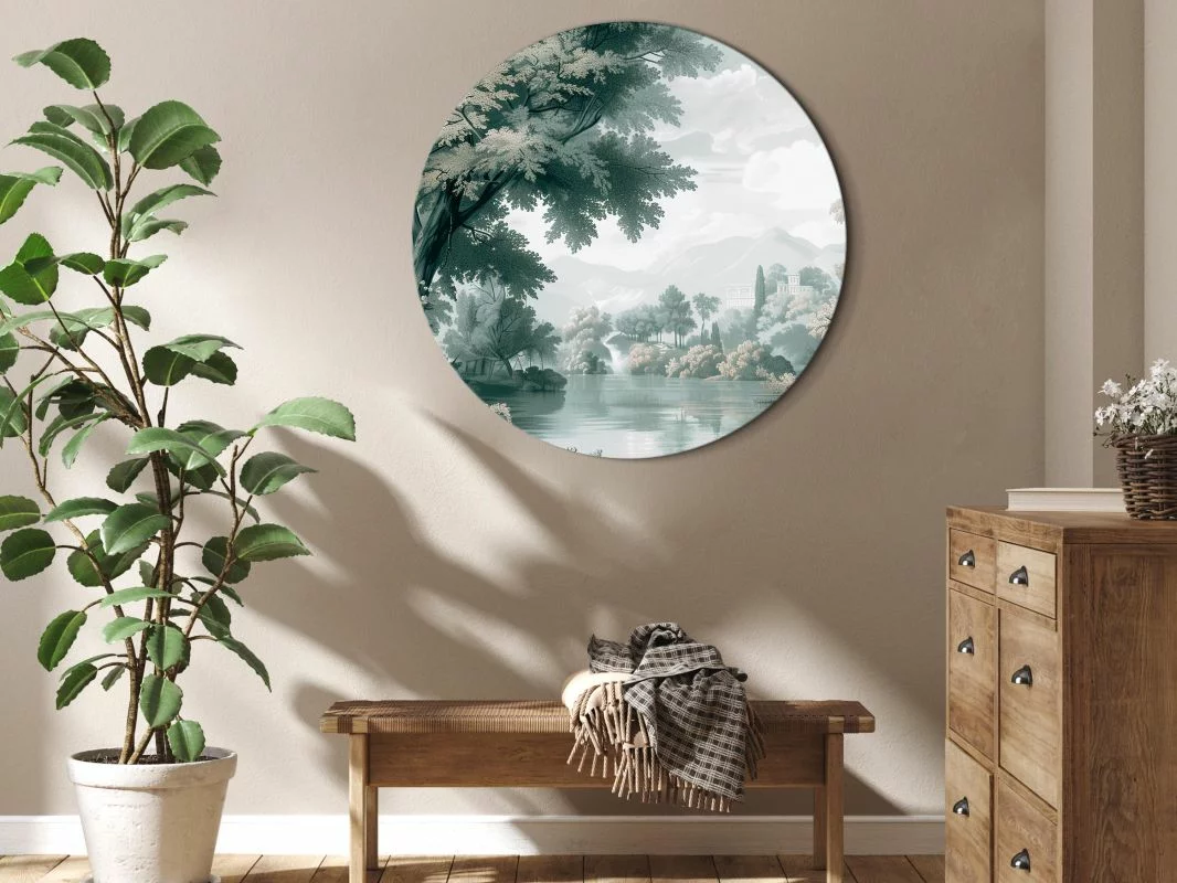 Obraz okrągły - Pejzaż z parkiem i jeziorem w retro zieleniach - obrazek 1