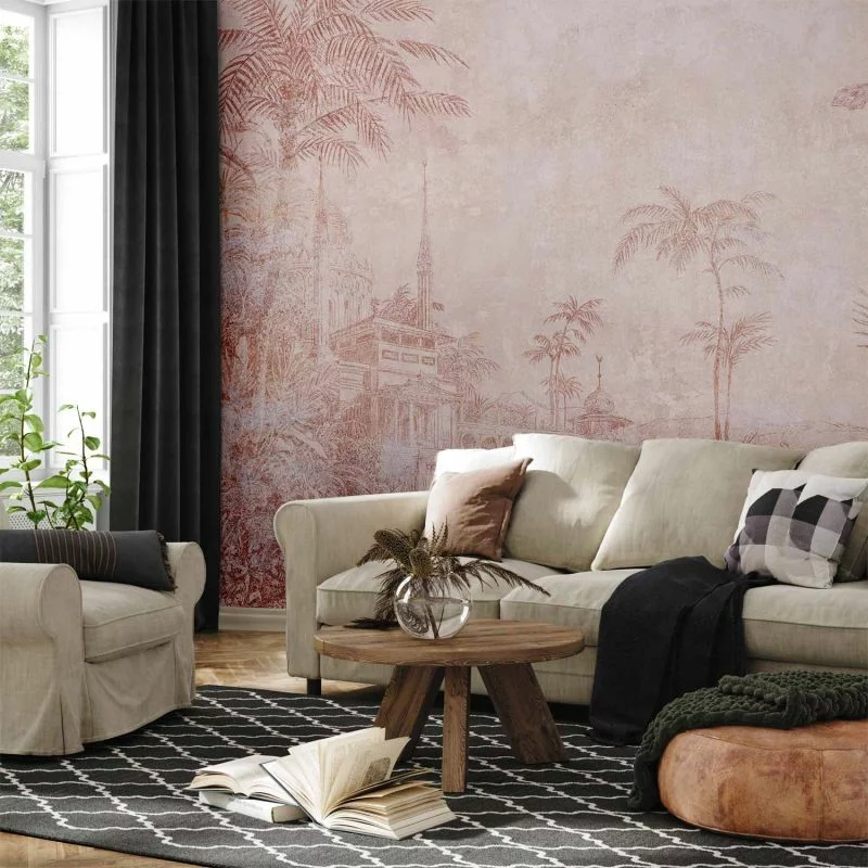 Fototapeta - Krajobraz ze świątynią - rycina indyjskiej architektury z palmami - obrazek 1