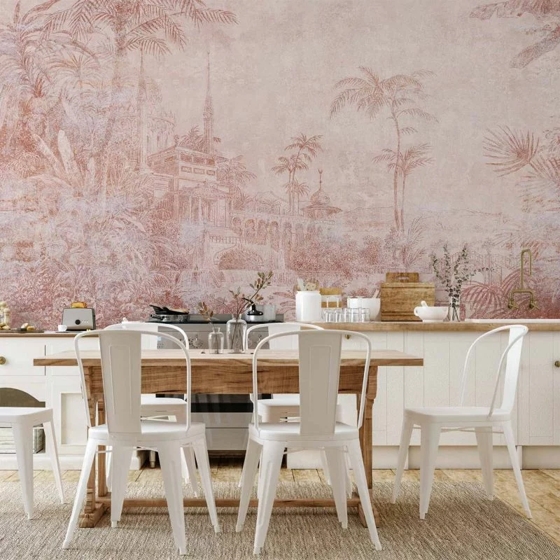 Fototapeta - Krajobraz ze świątynią - rycina indyjskiej architektury z palmami - obrazek 1