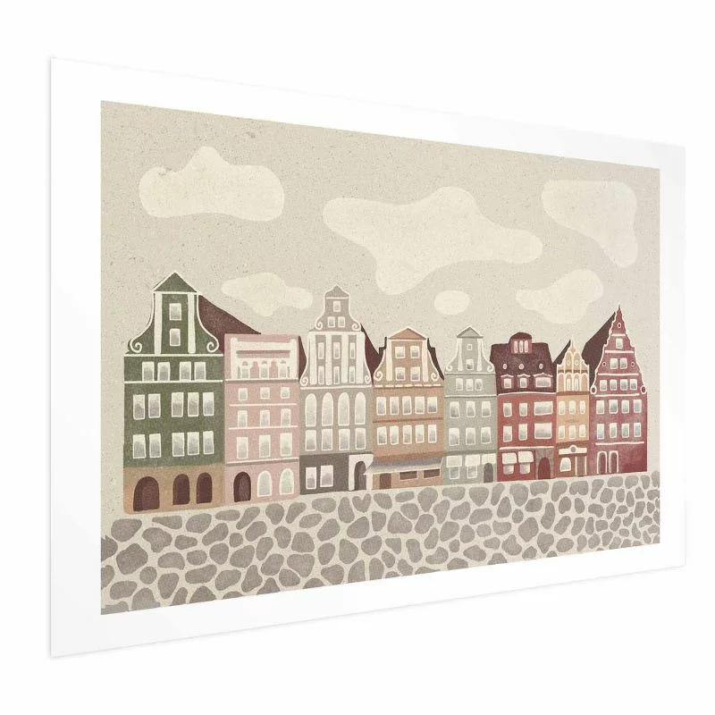 Plakat - Kolorowe Fasady - zabytkowe wrocławskie kamienice na tle nieba i brukowanej uliczki - obrazek 1