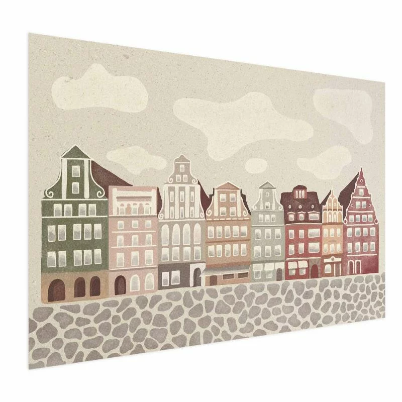 Plakat - Kolorowe Fasady - zabytkowe wrocławskie kamienice na tle nieba i brukowanej uliczki - obrazek 1