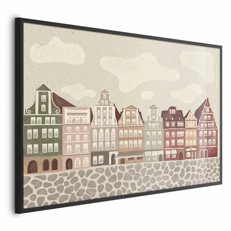 Plakat - Kolorowe Fasady - zabytkowe wrocławskie kamienice na tle nieba i brukowanej uliczki - obrazek 1