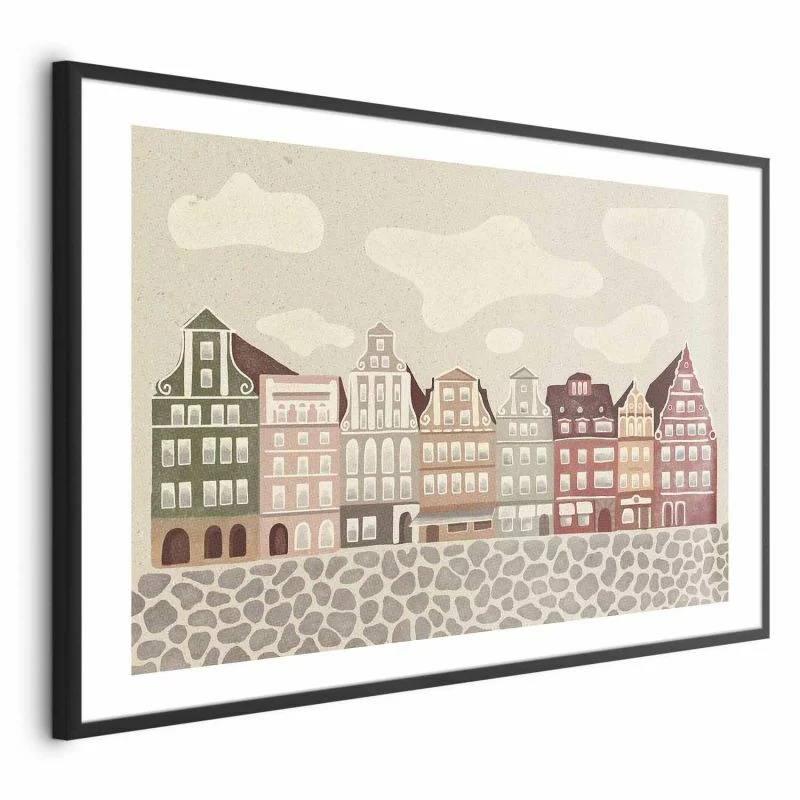 Plakat - Kolorowe Fasady - zabytkowe wrocławskie kamienice na tle nieba i brukowanej uliczki - obrazek 1