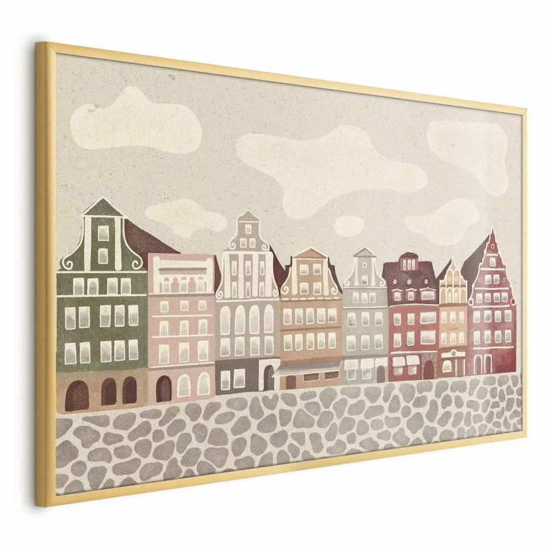 Plakat - Kolorowe Fasady - zabytkowe wrocławskie kamienice na tle nieba i brukowanej uliczki - obrazek 1