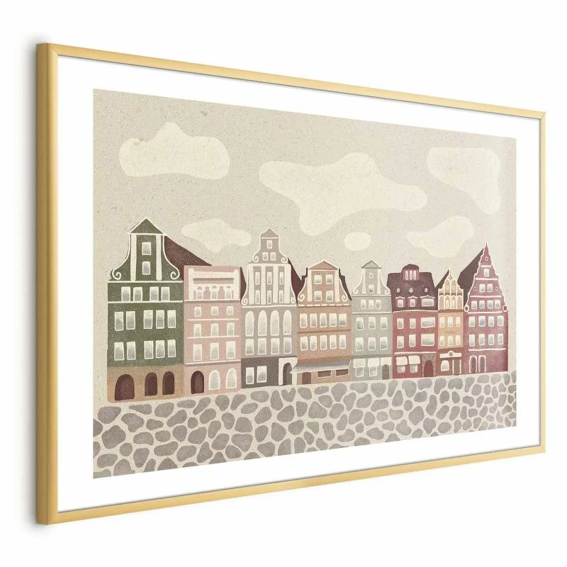 Plakat - Kolorowe Fasady - zabytkowe wrocławskie kamienice na tle nieba i brukowanej uliczki - obrazek 1