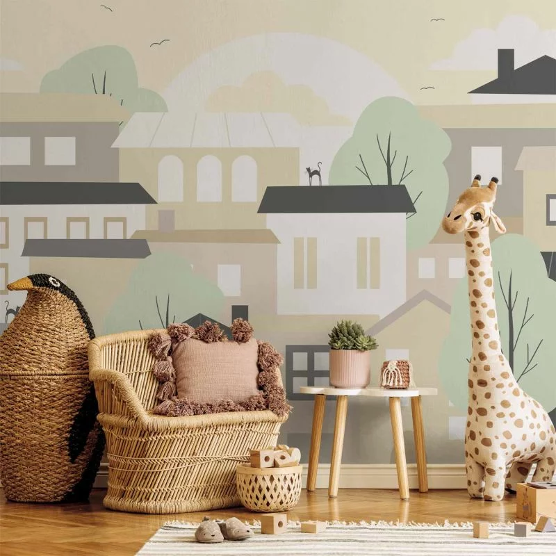 Fototapeta - Żółte miasteczko - przedmieście miasta z drzewami i kotami dla dzieci - obrazek 1