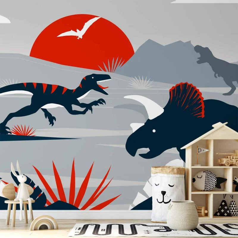 Fototapeta - Ostatnie dinozaury z czerwienią - abstrakcyjny krajobraz do pokoju - obrazek 1