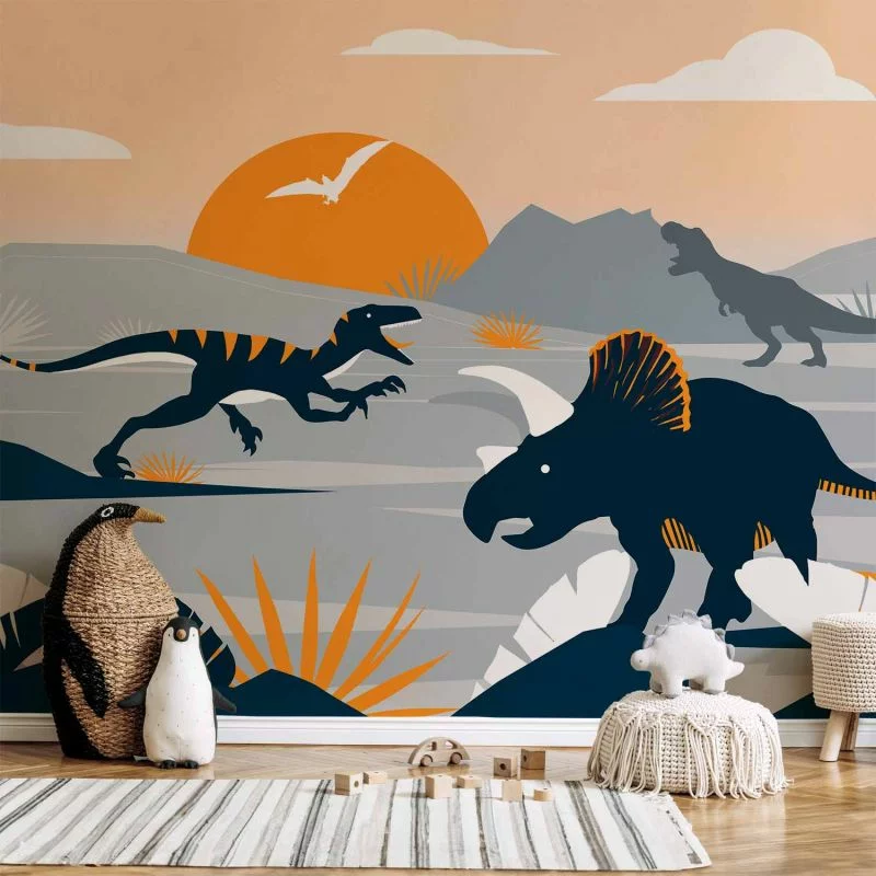 Fototapeta - Ostatnie dinozaury z pomarańczowym - abstrakcyjny krajobraz do pokoju - obrazek 1