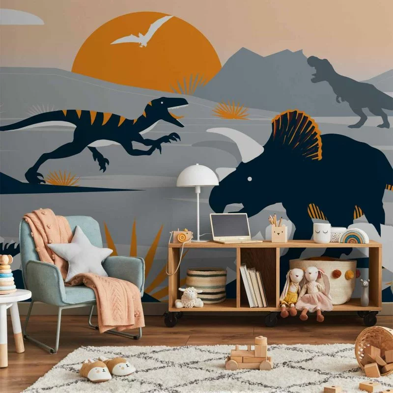 Fototapeta - Ostatnie dinozaury z pomarańczowym - abstrakcyjny krajobraz do pokoju - obrazek 1