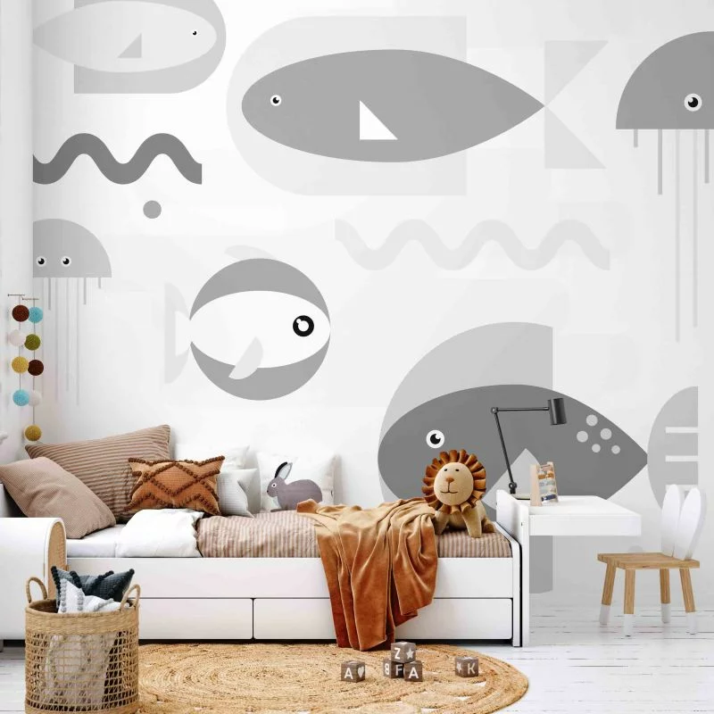 Fototapeta wodoodporna - Minimalistyczny szary ocean - geometryczne rybki w wodzie dla dzieci - obrazek 1