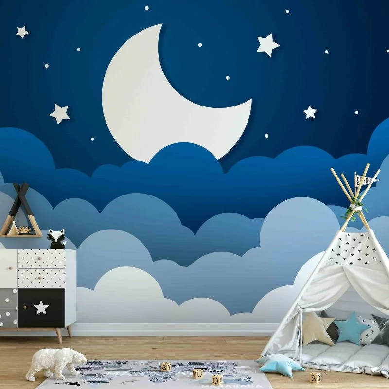Fototapeta wodoodporna - Księżycowy sen - chmury na granatowym niebie z gwiazdami dla dzieci - obrazek 1
