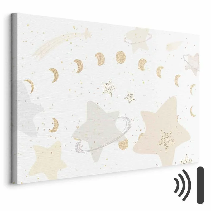 Obraz - Bajeczna galaktyka - Fazy księżyca w odcieniach żółci wśród gwiazdek w barwach beżu i popielu z gwiezdnym pyłem - obrazek 1