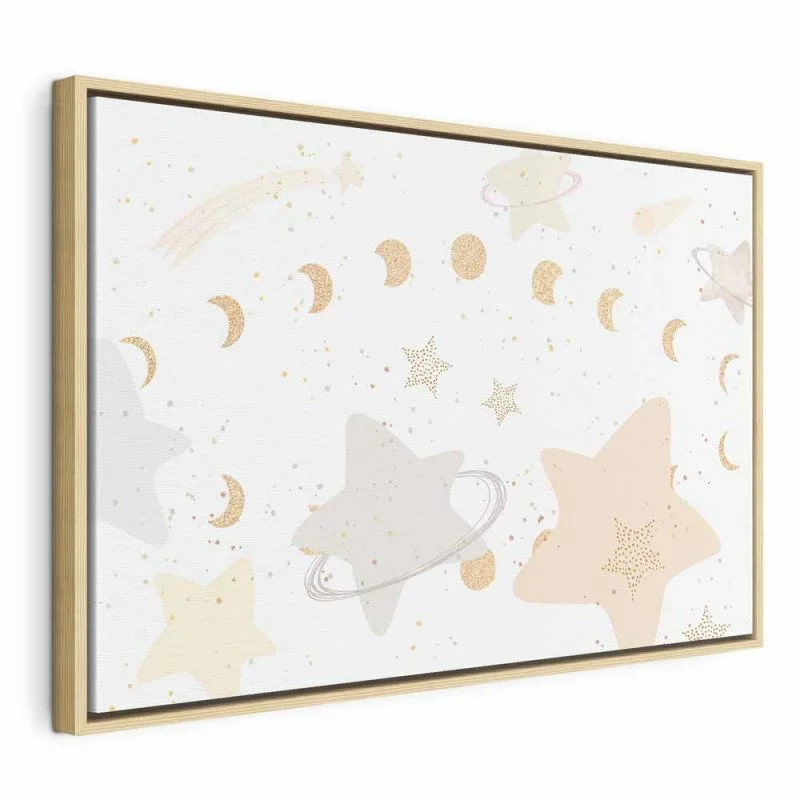 Obraz - Bajeczna galaktyka - Fazy księżyca w odcieniach żółci wśród gwiazdek w barwach beżu i popielu z gwiezdnym pyłem - obrazek 1