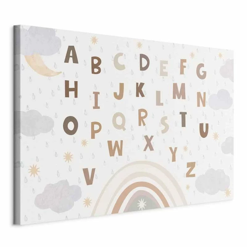 Obraz - Literki ponad tęczą - Literki pośród strug deszczu i chmur z tęczą księżycem i gwiazdkami na jasnym tle/Literki w stonowanych barwach - obrazek 1