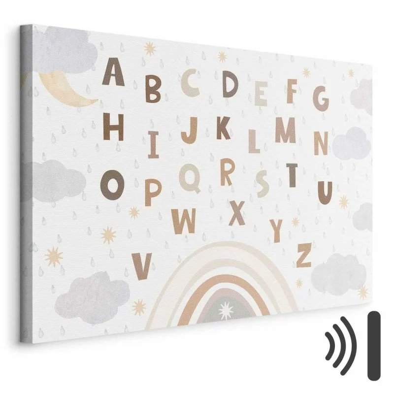 Obraz - Literki ponad tęczą - Literki pośród strug deszczu i chmur z tęczą księżycem i gwiazdkami na jasnym tle - obrazek 1