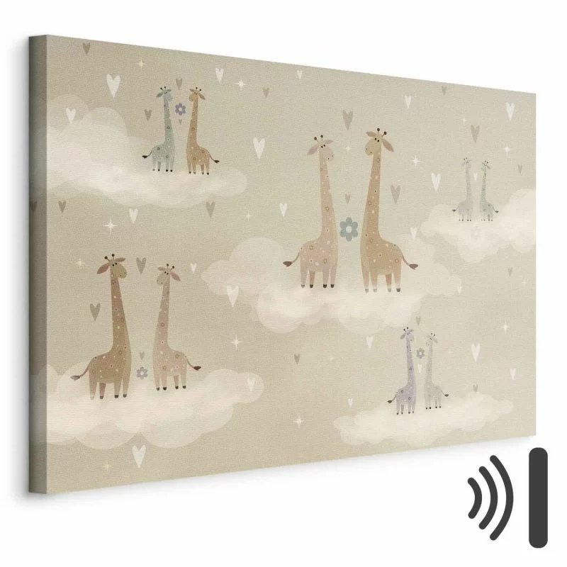 Obraz - Miłość - kolorowe żyrafy unoszące się na chmurach wśród serc i gwiazd - obrazek 1