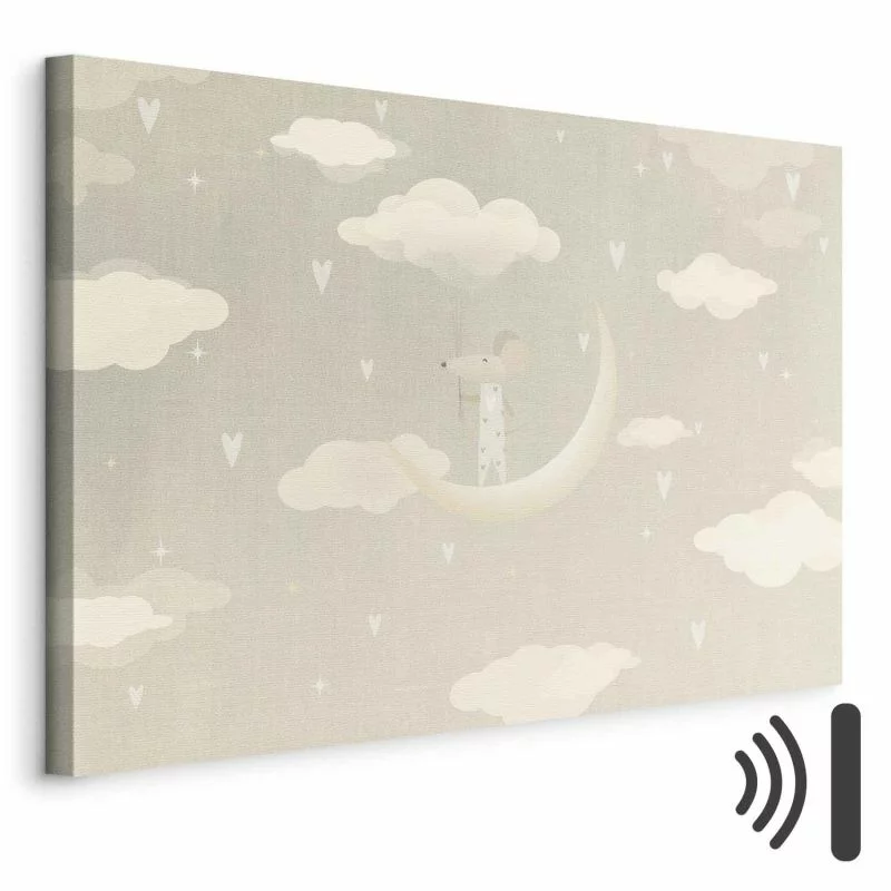 Obraz - Mały zdobywca - myszka w piżamce w serca na księżycu wśród chmur - obrazek 1