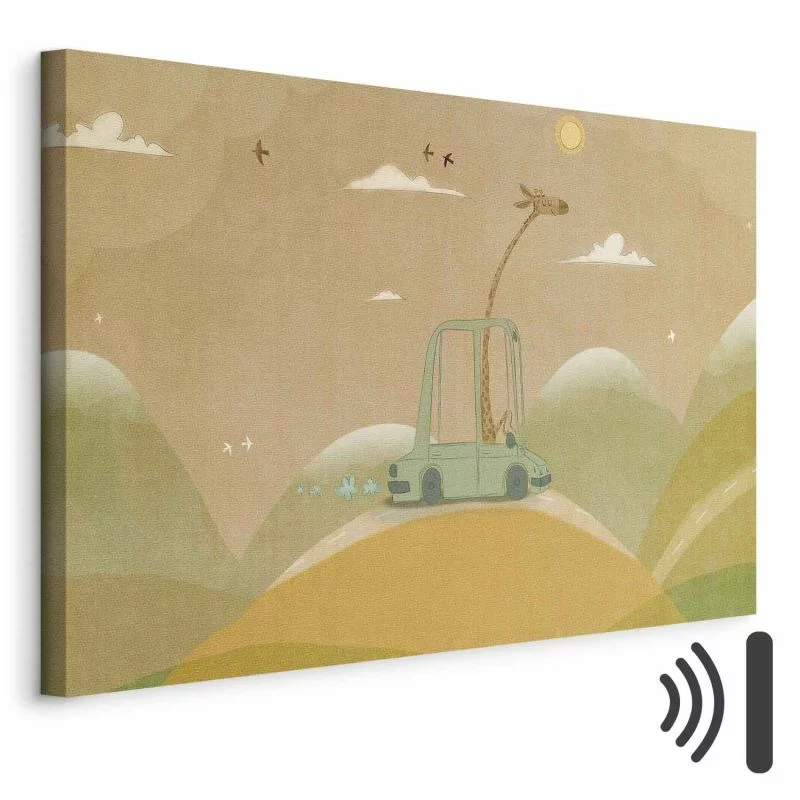 Obraz - Rozmarzona podróżniczka - wesoła żyrafa jadąca autem w słoneczny dzień - obrazek 1