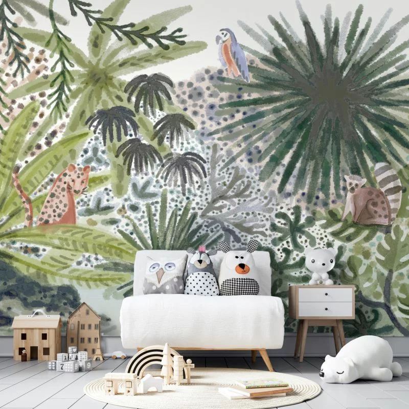 Fototapeta - Flora Madagaskaru - krajobraz tropikalny z akwarelowymi zwierzętami - obrazek 1