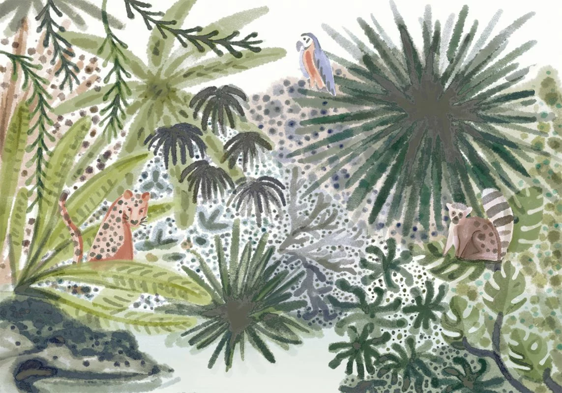 Fototapeta - Flora Madagaskaru - krajobraz tropikalny z akwarelowymi zwierzętami - obrazek 1