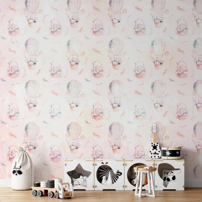 Fototapeta - Jednolity deseń z piórami - zające w koszyku i w balonie dla dzieci - obrazek 1