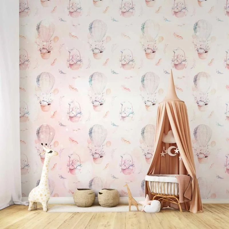 Fototapeta - Jednolity deseń z piórami - zające w koszyku i w balonie dla dzieci - obrazek 1