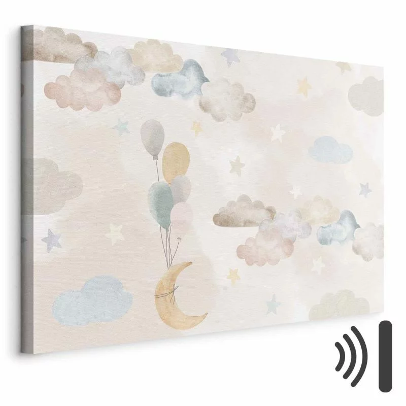 Obraz - Księżyc niczym z bajki - Pastelowy księżyc z balonikami wśród kolorowych chmur i gwiazdek w stonowanych kolorach na jasnym tle - obrazek 1