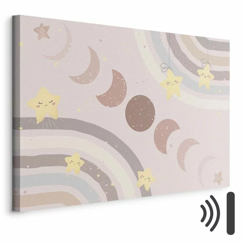 Obraz - Radosne niebo - Żółte wesołe gwiazdki z tęczą na tle faz księżyca na niebie w kolorystyce jasnego beżu - obrazek 1