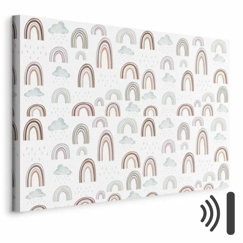 Obraz - Tęcze po burzy - Tęcze różnych wielkości w pastelowej kolorystyce wśród deszczowych chmur w odcieniu szaro-niebieskim - obrazek 1