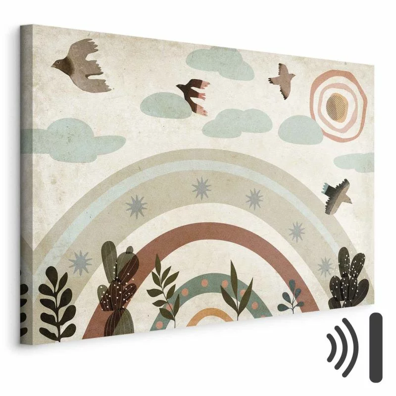 Obraz - Tęcza i słońce u góry - Ptaki w stonowanych barwach latające pośród chmur nad tęczą i różnorodnymi roślinami na jasnym tle - obrazek 1