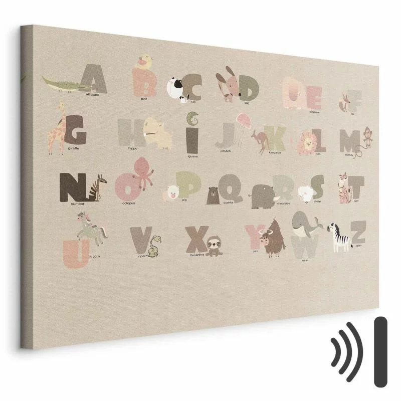 Obraz - Abecadło w zoo - radosne zwierzątka i ich nazwy na beżowym tle - obrazek 1