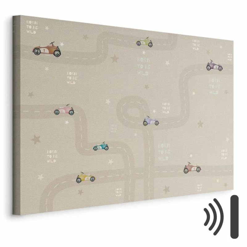 Obraz - Wyścig - kolorowe autka na drodze na beżowym tle z napisami - obrazek 1