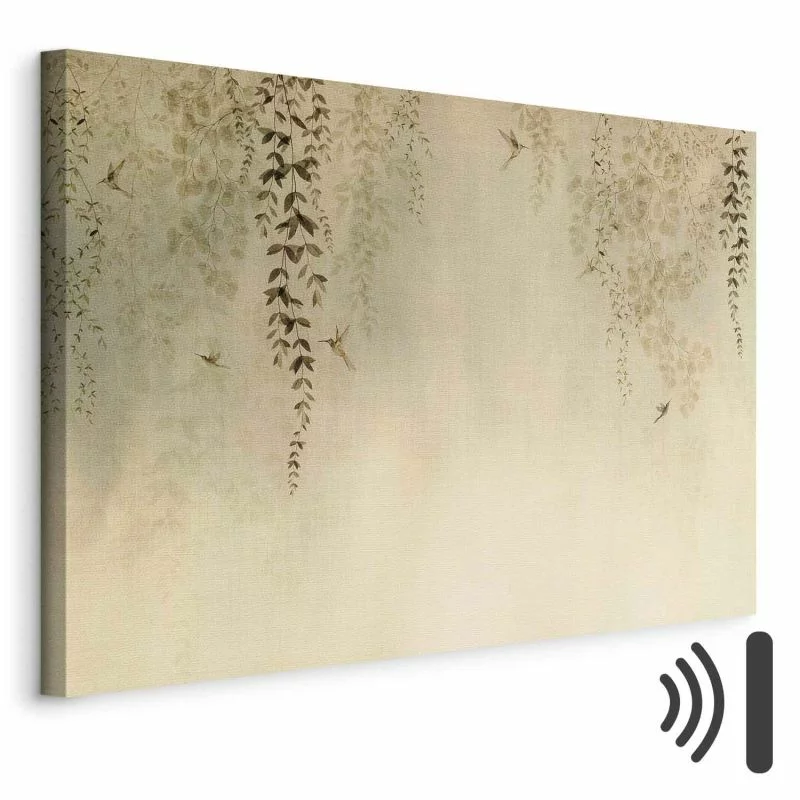 Obraz - Wiosenny sad - koliberki wśród gałęzi drzew w odcieniach beżu - obrazek 1