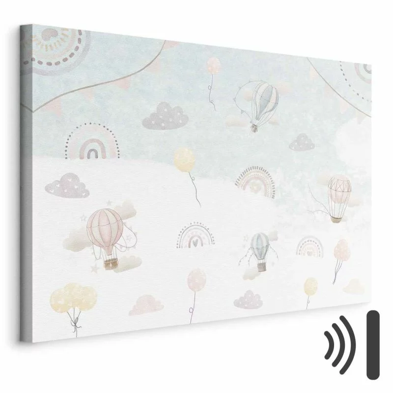 Obraz - Niebo z balonami - Balony w stonowanej kolorystyce latające po niebie wśród chmur tęczy i gwiazd - obrazek 1