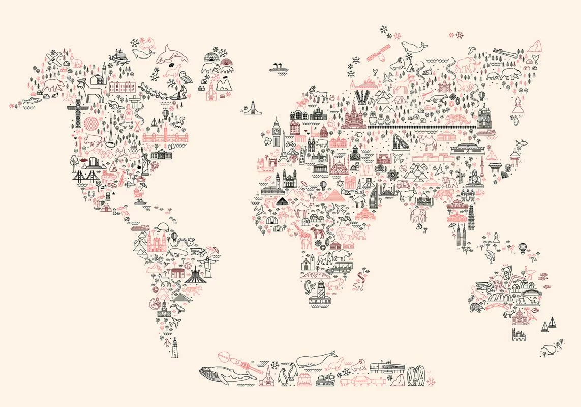 Fototapeta - Mapa z ikon - rysunkowe przedstawienie świata w pastelowych kolorach - obrazek 1