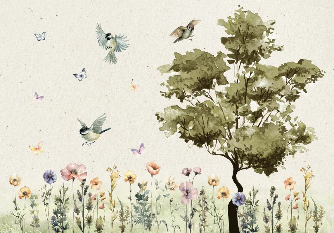 Fototapeta - Wiosenna łąka - polana z kwiatami malowana akwarelą - obrazek 1