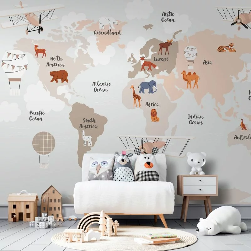 Fototapeta - Mapa świata w beżowych odcieniach do pokoju dziecięcego - obrazek 1