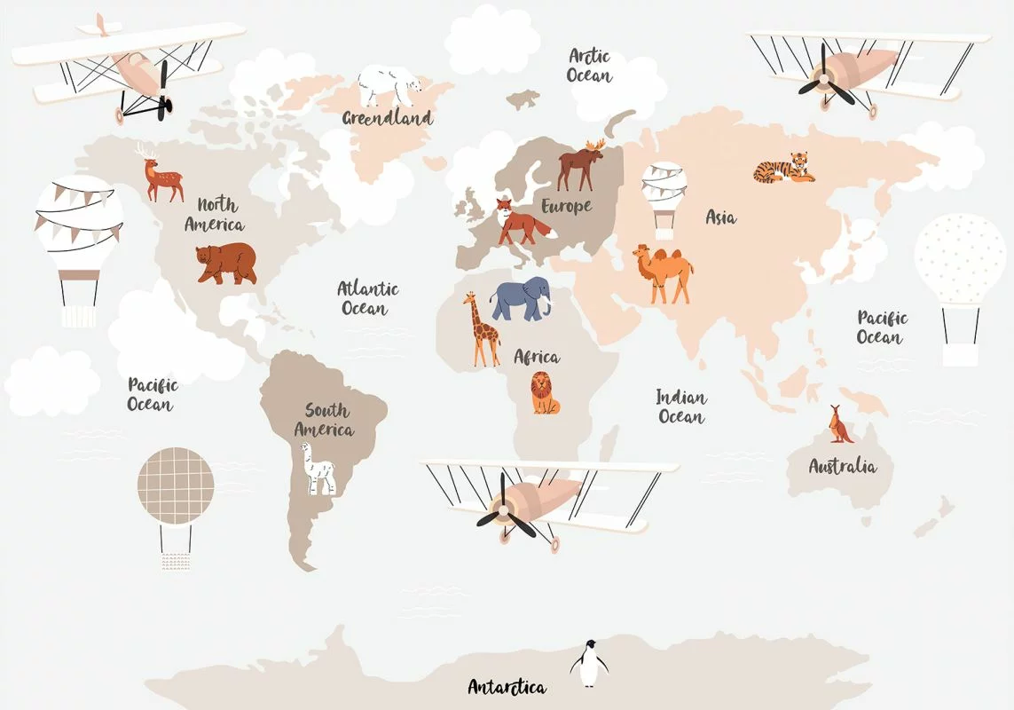 Fototapeta - Mapa świata w beżowych odcieniach do pokoju dziecięcego - obrazek 1