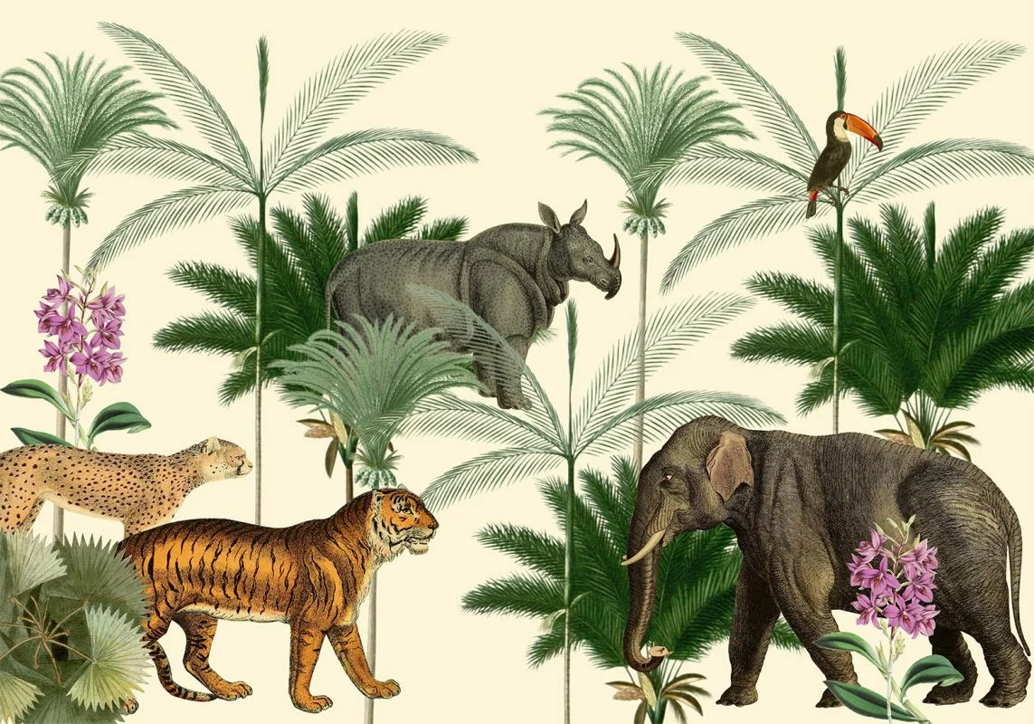 Fototapeta - Dżungla kraina ze zwierzątkami w stylu dawnych rycin - obrazek 1