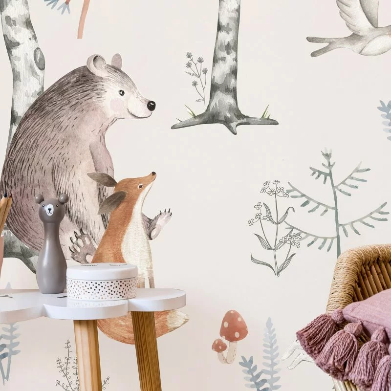 Fototapeta - Leśna kraina ze zwierzątkami malowana akwarelami - obrazek 1