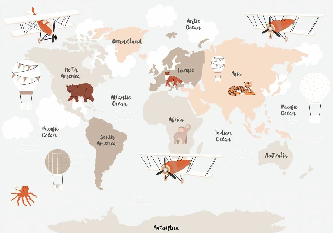Fototapeta - Mapa w odcieniach beżu - kontynenty ze zwierzętami - obrazek 1