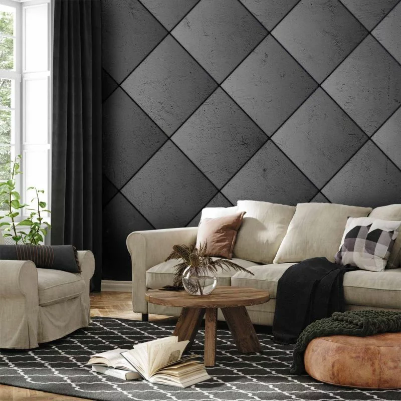 Fototapeta - Szara symetria - geometryczny wzór w deseń z betonu z czarnymi fugami - obrazek 1